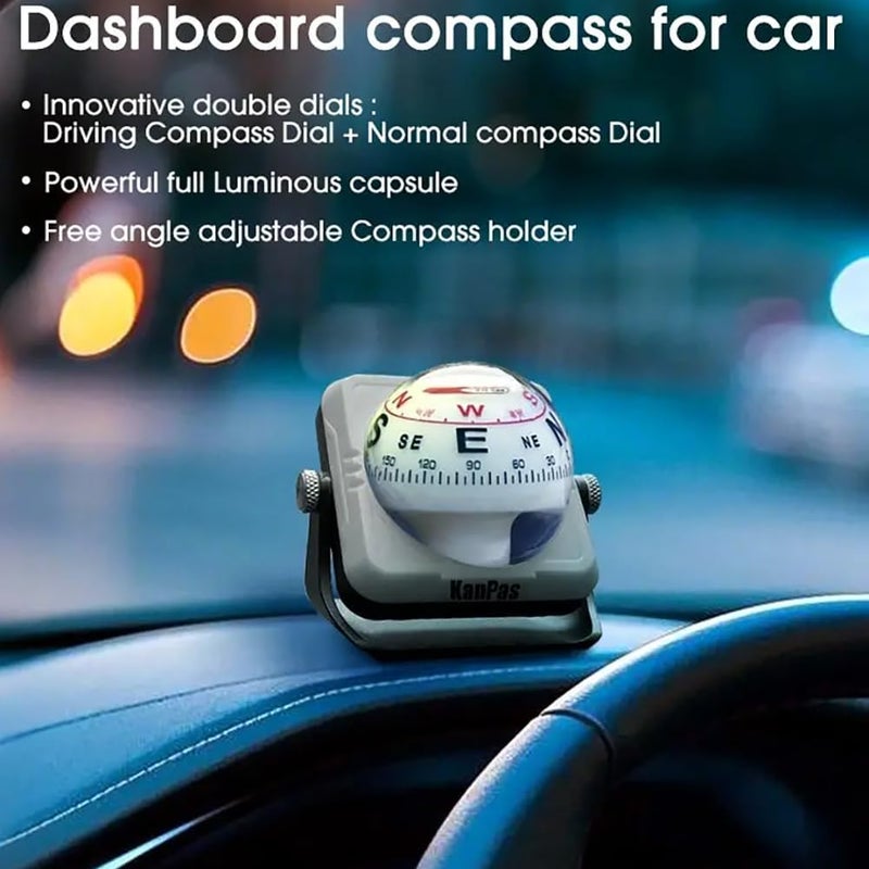 KanPas V-39-L Dashboard Ball Compass for Car with Double Dials Luminous Capsule Adjustable Holder - Image 2